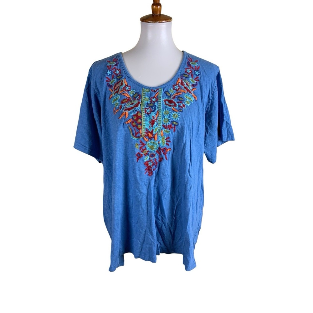 Parsley Sage Blue Embroidered Boho Peasant Top Festival Cottagecore 2X